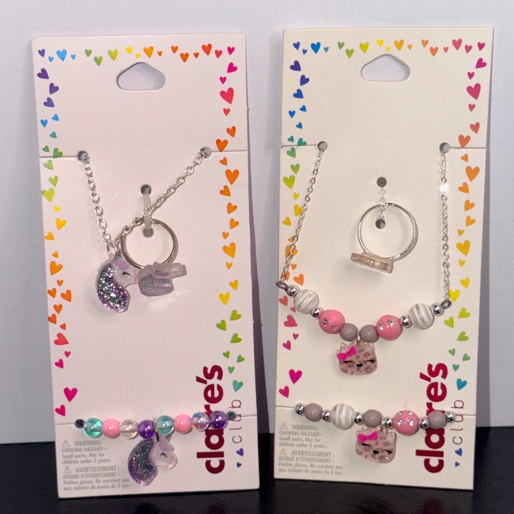 Claire's Club Kids Jewelry Set Bundle Unicorn Kitty Necklace Bracelet Ring NEW